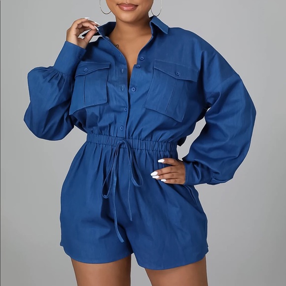 Long Sleeve Denim Romper with Pockets and Elastic Tie Waist XL - Picture 5 of 7